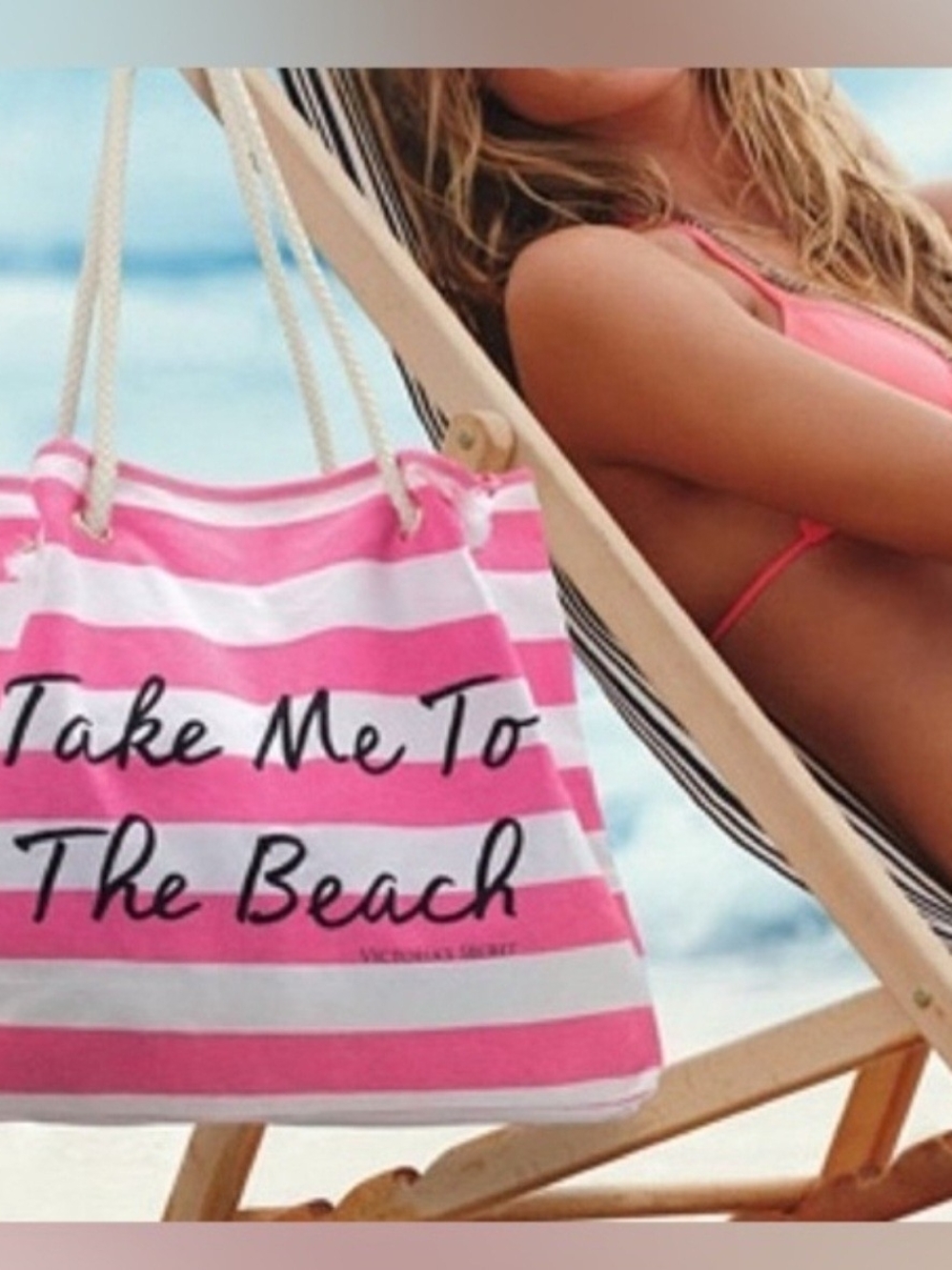 VTG 2013 Victoria's Secret Take Me To The Beach Striped Rope Tote New